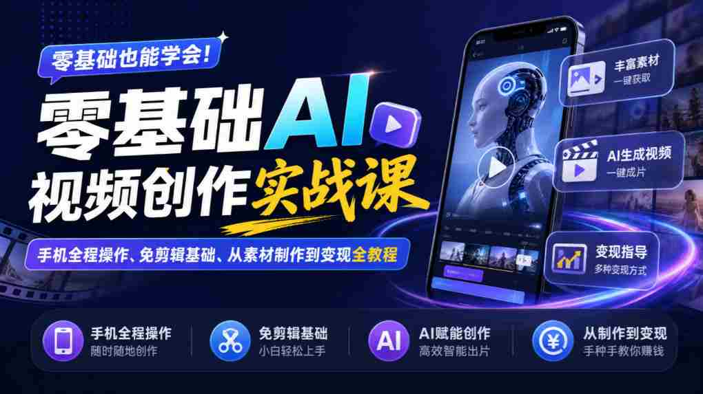 手机端零起点AI视频制作攻略：无剪辑入门，素材制作至盈利全流程教学-副业部