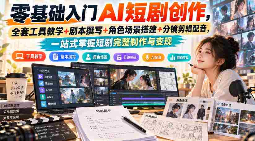 零基础入门AI短剧创作，全套工具教学+剧本撰写+角色场景搭建+分镜剪辑配音，一站式掌握短剧完整制作与变现-副业部