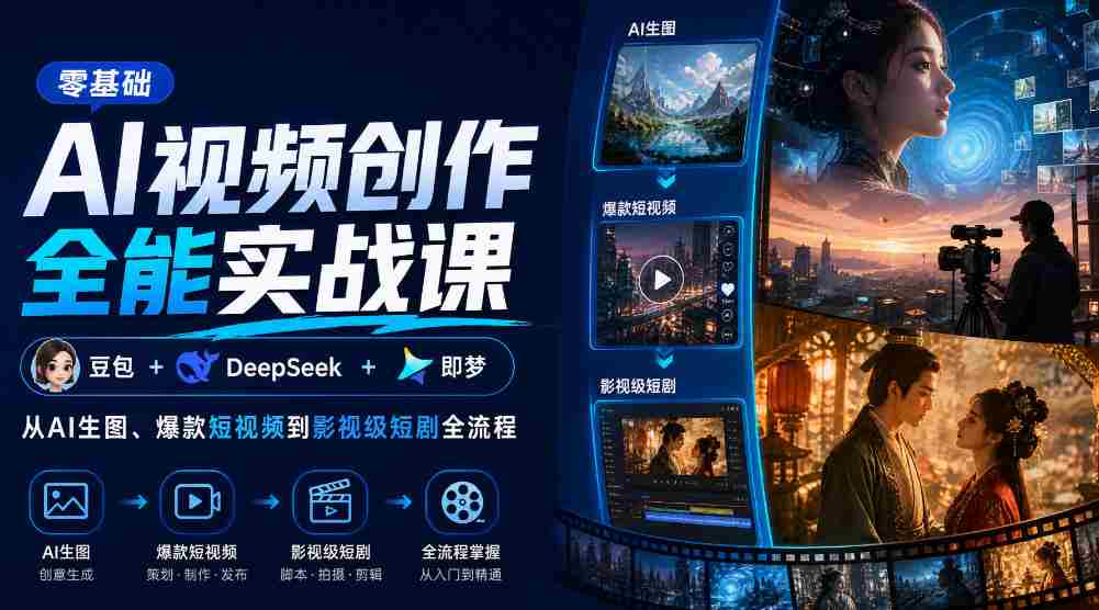 零基础AI视频创作全能实战课|豆包+DeepSeek+即梦,从AI生图、爆款短视频到影视级短剧全流程-副业部
