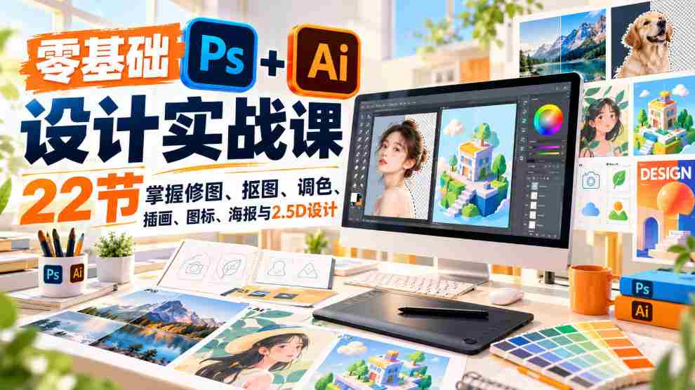 免费】小白也能轻松学会的PS和AI设计课程|22节课解锁修图、抠图、调色等实用技能-副业部