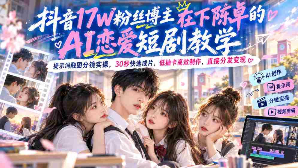 陈卓AI恋爱短剧教程走红抖音，17万粉丝博主揭秘高效融图分镜技巧，30秒速成大片，轻松变现无需高抽卡