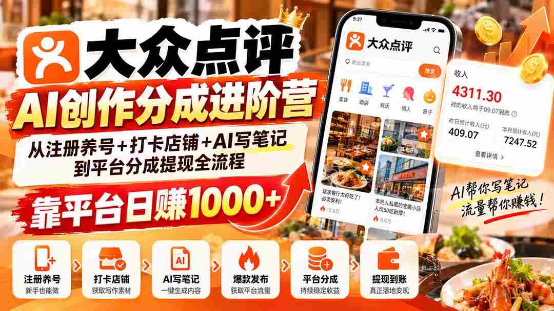 探索大众点评AI创作分成之道：从账号运营到AI笔记撰写，轻松实现平台日入千元的提现之旅-副业部