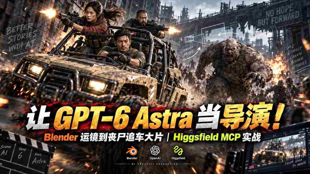 让GPT-6 Astra当导演！Blender运镜到丧尸追车大片｜Higgsfield MCP实战-副业部