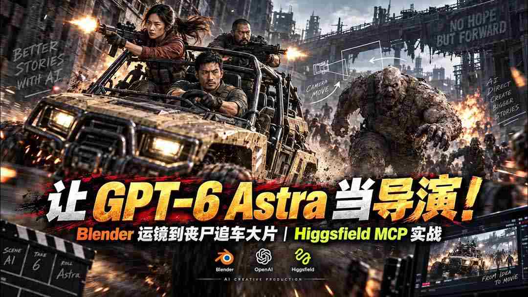 【无水印】让 GPT-6 Astra 当导演！Blender 运镜到丧尸追车大片｜Higgsfield MCP 实战