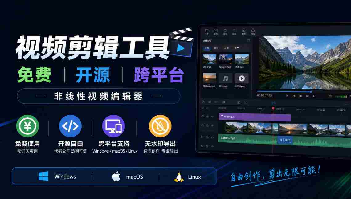 视频剪辑工具,免费、开源、跨平台,非线性视频编辑器,支持Windows、macOS、Linux,无水印、无订阅费用