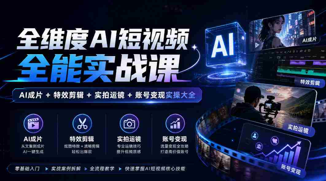 全面解锁AI短视频制作秘籍：涵盖AI剪辑、特效应用、镜头技巧与账号运营实战攻略-副业部