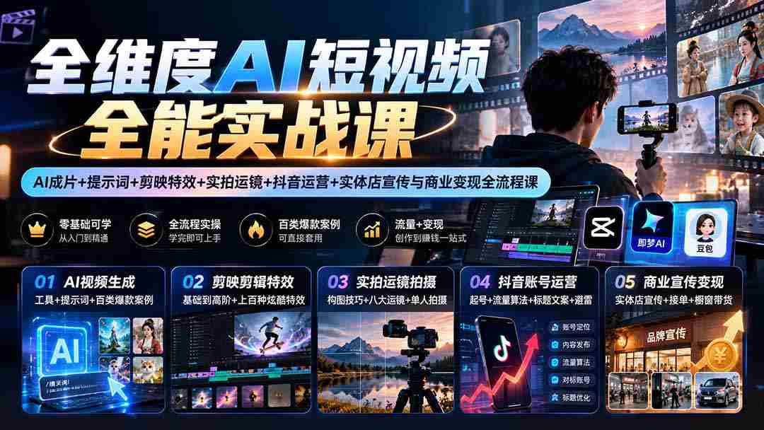 一网打尽】AI短视频制作高手训练营：从AI剪辑到抖音运营，全方位实操教学助力商业变现-副业部