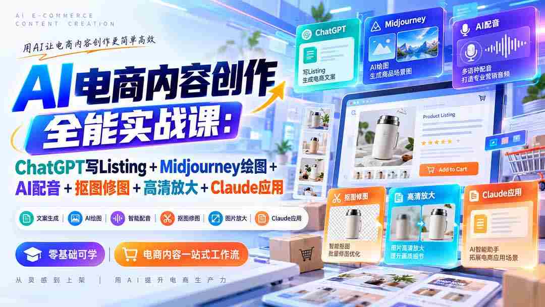 零水印】全方位AI电商内容制作课程：运用ChatGPT撰写商品描述+Midjourney绘制插图+AI配音技术+图像剪辑与修饰+高清图像处理+Claude应用技巧-副业部