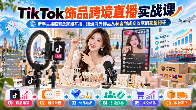 TikTok饰品跨境直播实战课,新手主播照着念就能开播,跑通海外饰品从获客到成交收款的完整闭环-副业部
