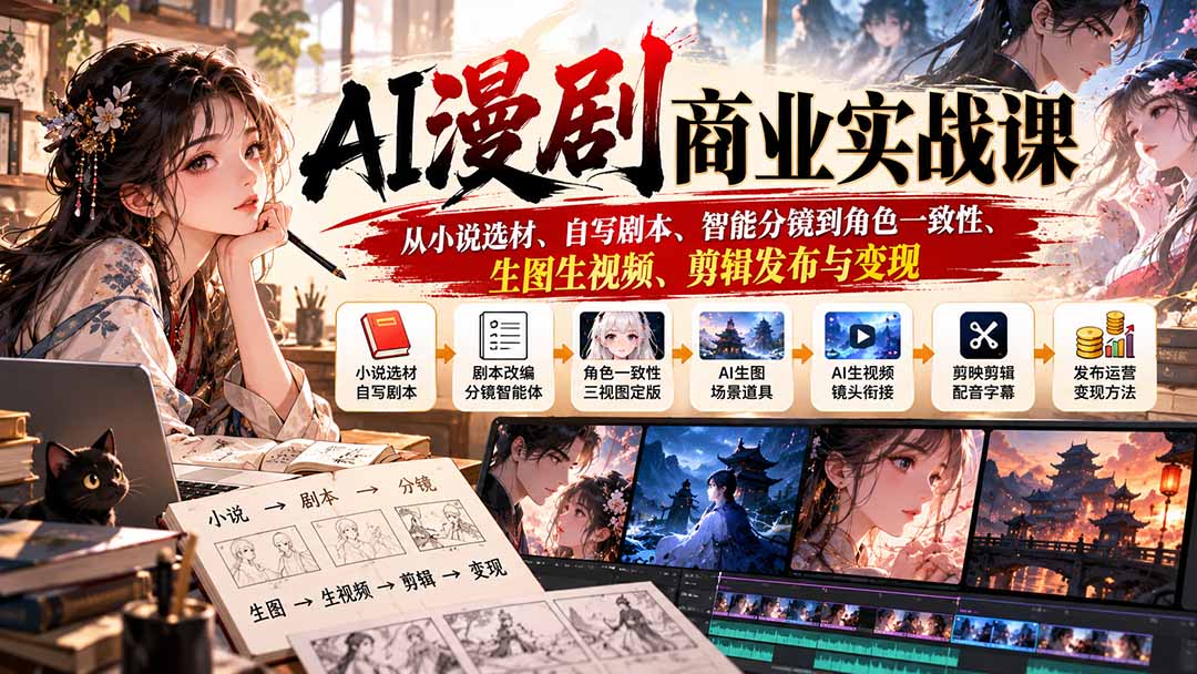 （20811期）AI漫剧商业实战课：从小说选材、自写剧本、智能分镜到角色一致性、生图生视频、剪辑发布与变现插图