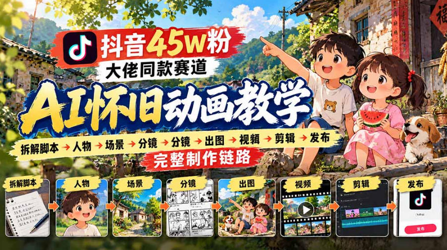 抖音45W粉大佬同款赛道AI怀旧动画实战课：拆解脚本→人物→场景→分镜→出图→视频→剪辑→发布完整制作链路插图