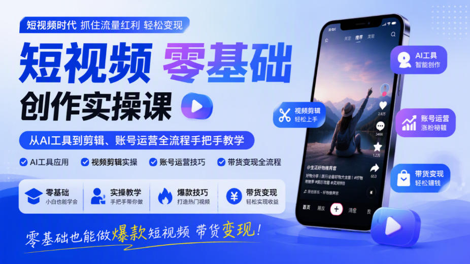 短视频零基础创作实操课，从AI工具到剪辑、账号运营全流程手把手教学，零基础也能做爆款短视频带货变现-副业部