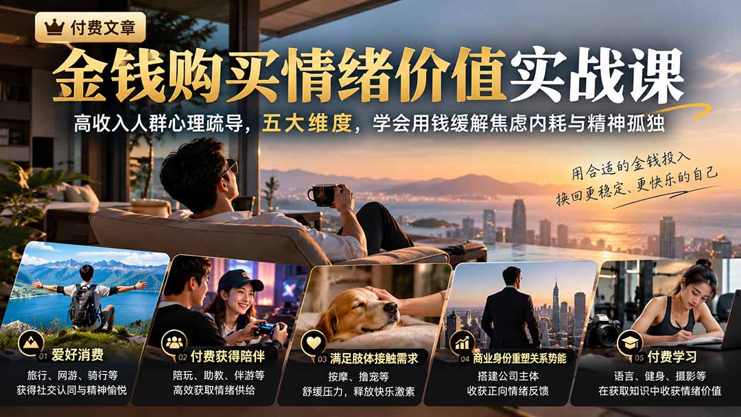 （20941期）付费文章：金钱购买情绪价值实战课｜高收入人群心理疏导，五大维度，学会用钱缓解焦虑内耗与精神孤独-副业部