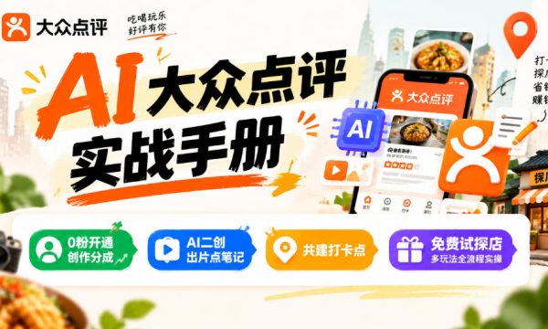某局的AI大众点评实战手册，0粉开通创作分成、AI二创出片点笔记、共建打卡点、免费试探店多玩法全流程实操