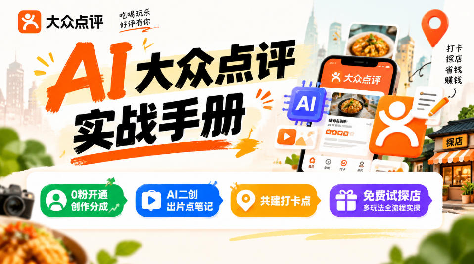 某局的AI大众点评实战手册，0粉开通创作分成、AI二创出片点笔记、共建打卡点、免费试探店多玩法全流程实操-副业部