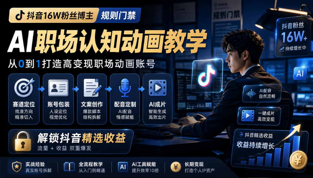 抖音16W粉丝博主规则门禁的AI职场认知动画教学，从赛道定位、账号包装，到文案创作、配音定制、AI成片，解锁抖音精选收益插图