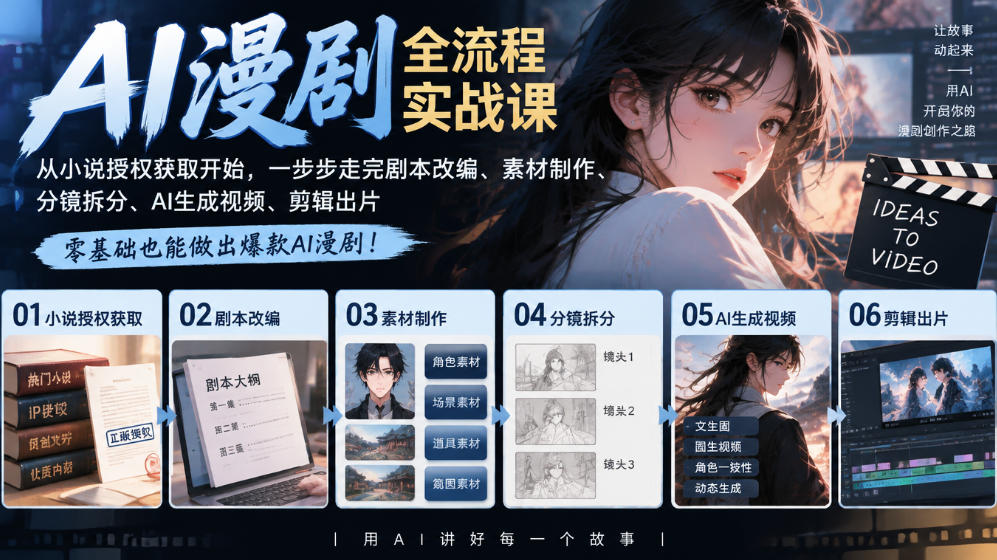 AI漫剧全流程实战课｜从小说授权获取开始，一步步走完剧本改编、素材制作、分镜拆分、AI生成视频、剪辑出片全流程-副业部