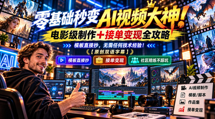 零基础秒变AI视频大神！电影级制作+接单变现全攻略，模板直接抄，无需任何技术经验！【原创双语字幕】-副业部