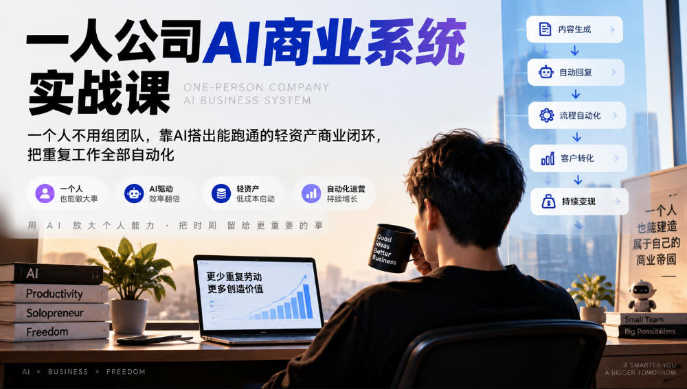 一人公司AI商业系统实战课，一个人不用组团队，靠AI搭出能跑通的轻资产商业闭环，把重复工作全部自动化-副业部