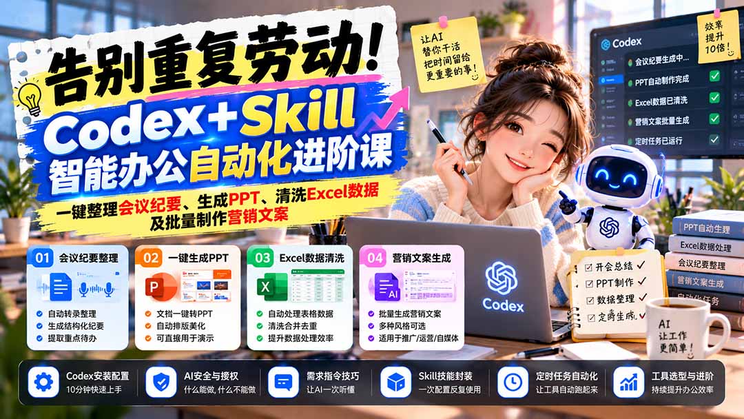 （21001期）告别重复劳动！Codex+Skill智能办公自动化进阶课：一键整理会议纪要、生成PPT、清洗Excel数据及批量制作营销文案-副业部
