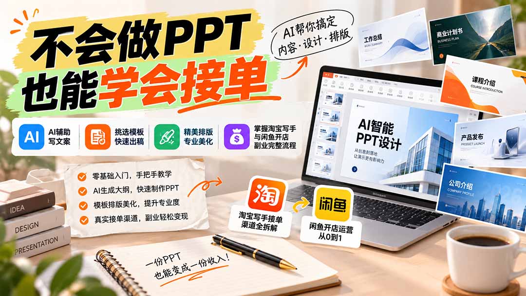 （20945期）不会做PPT也能学会接单：AI辅助写文案、挑模板、做排版，掌握淘宝写手与闲鱼开店副业完整流程-副业部
