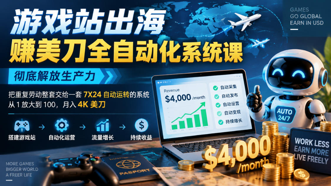 游戏站出海賺美刀全自动化系统课，彻底解放生产力–把重复劳动整套交给一套7X24自动运转的系统，从1放大到100，月入4K美刀-副业部