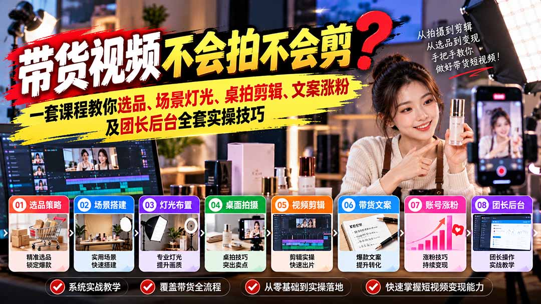 （20980期）带货视频不会拍不会剪？一套课程教你选品、场景灯光、桌拍剪辑、文案涨粉及团长后台全套实操技巧 复制标题-副业部