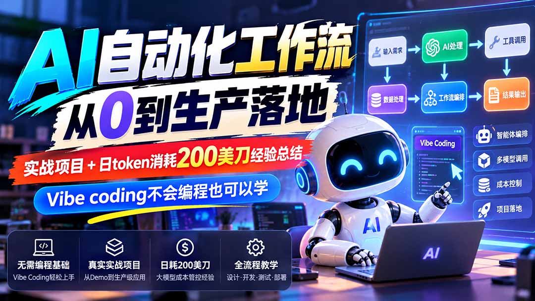 （20954期）【无水印】AI自动化工作流从0到生产落地，实战项目+日token消耗200美刀经验总结，Vibe coding不会编程也可以学-副业部