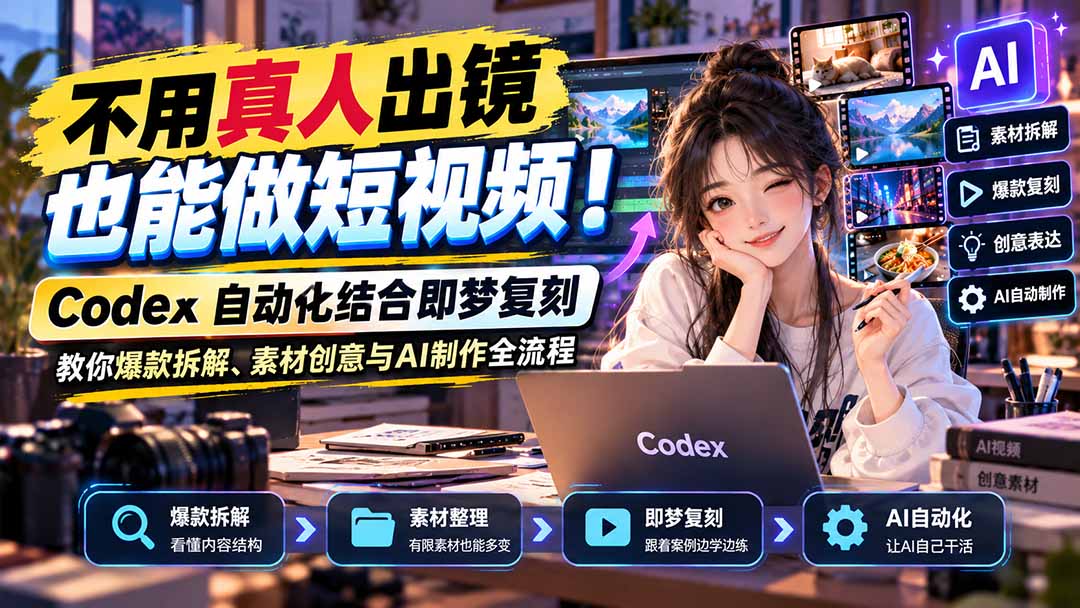（20988期）不用真人出镜也能做短视频！Codex自动化结合即梦复刻，教你爆款拆解、素材创意与AI制作全流程-副业部