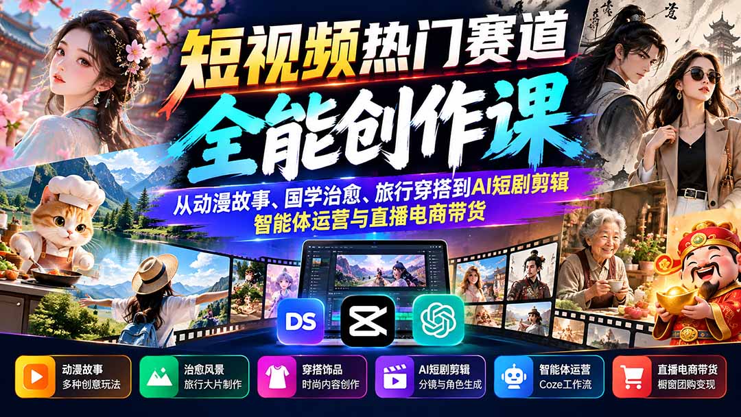 （20956期）短视频热门赛道全能创作课：从动漫故事、国学治愈、旅行穿搭到AI短剧剪辑、智能体运营与直播电商带货-副业部