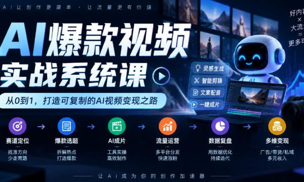 AI爆款视频实战系统课｜赛道定位、爆款选题、AI成片、流量运营、数据复盘、多维变现全链路教学