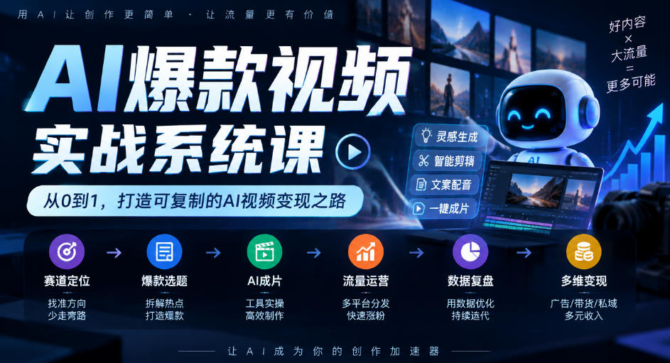AI爆款视频实战系统课|赛道定位、爆款选题、AI成片、流量运营、数据复盘、多维变现全链路教学-副业部