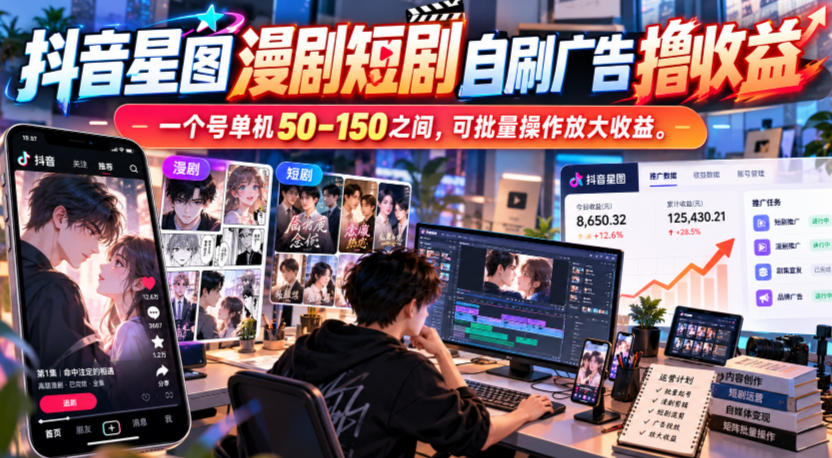 抖音星图漫剧短剧自刷广告撸收益，一个号单机50-150之间，可批量操作放大收益-副业部
