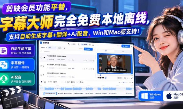（20902期）剪映会员功能平替，字幕大师完全免费本地离线，支持自动生成字幕+翻译+Ai配音，Win和Mac都支持！