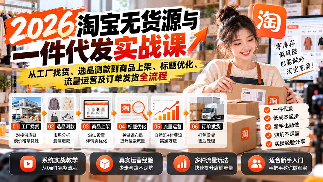 (20903期)2026淘宝无货源与一件代发实战课:从工厂找货、选品测款到商品上架、标题优化、流量运营及订单发货全流程-副业部