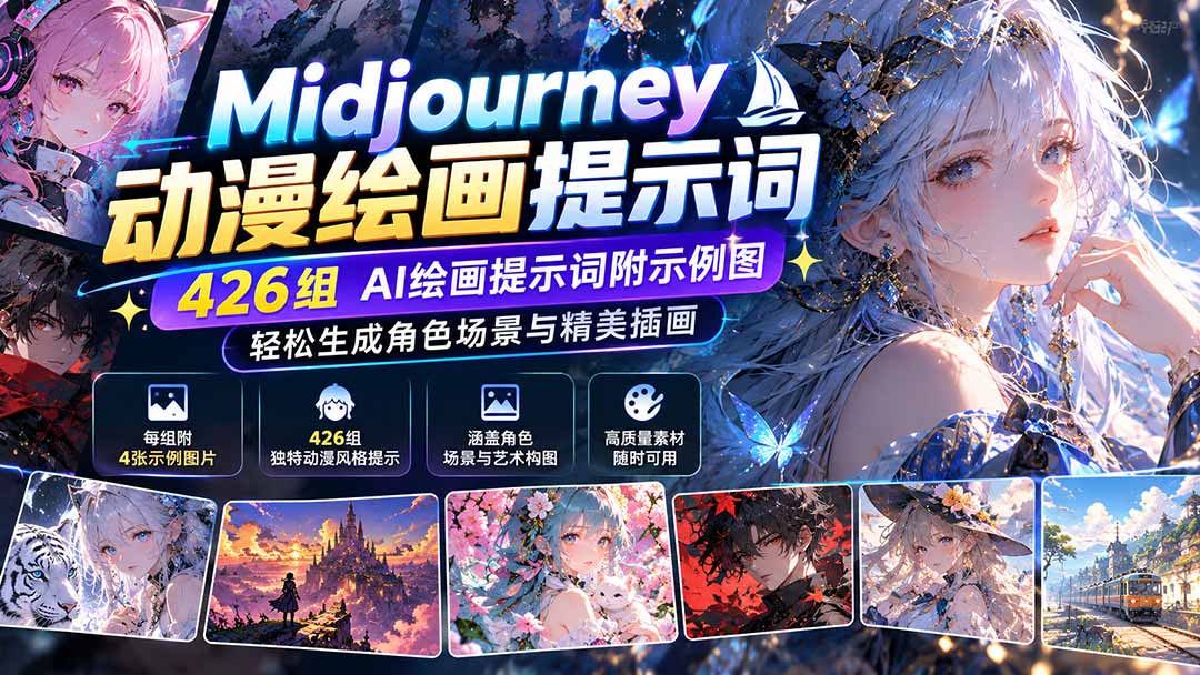 （21239期）Midjourney动漫绘画提示词：426组AI绘画提示词附示例图，轻松生成角色场景与精美插画-副业部