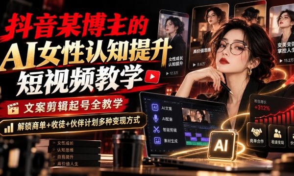 抖音某博主的Ai女性认知提升短视频教学，文案剪辑起号全教学，解锁商单+收徒+伙伴计划多种变现方式
