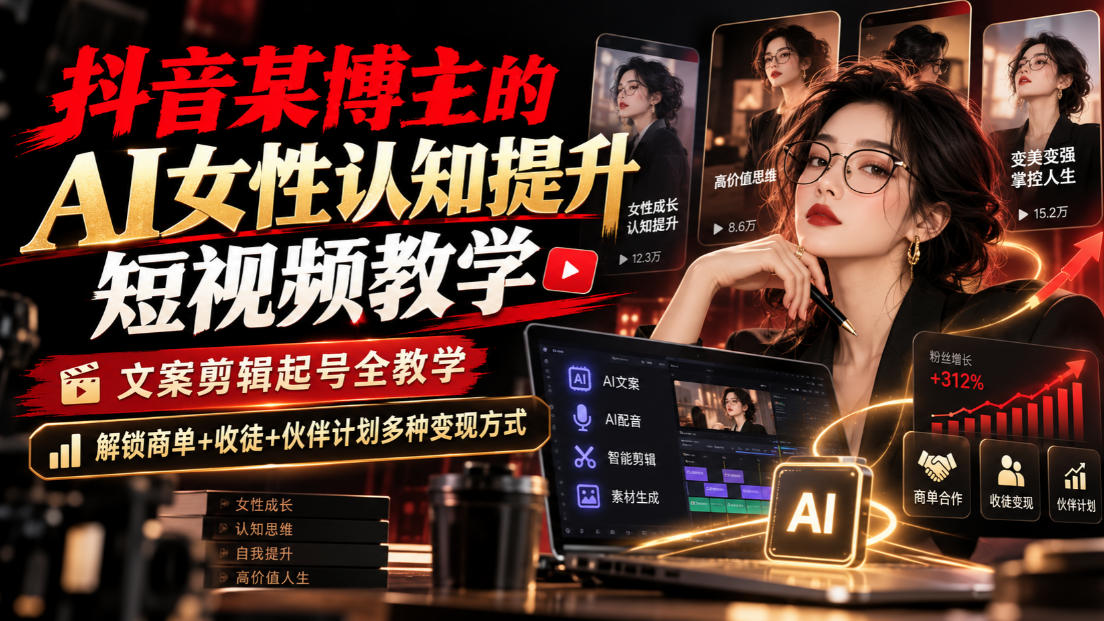 抖音某博主的Ai女性认知提升短视频教学，文案剪辑起号全教学，解锁商单+收徒+伙伴计划多种变现方式插图