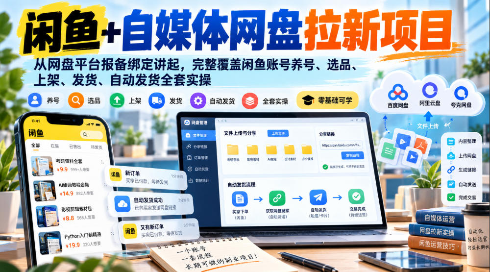 闲鱼+自媒体网盘拉新项目,从网盘平台报备绑定讲起,完整覆盖闲鱼账号养号、选品、上架、发货、自动发货全套实操-副业部