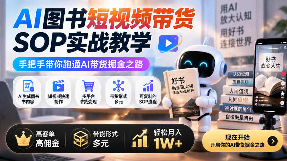 AI图书短视频带货SOP实战教学，手把手带你跑通AI带货掘金之路，高客单高佣金，带货形式多元，轻松月入1W+-副业部