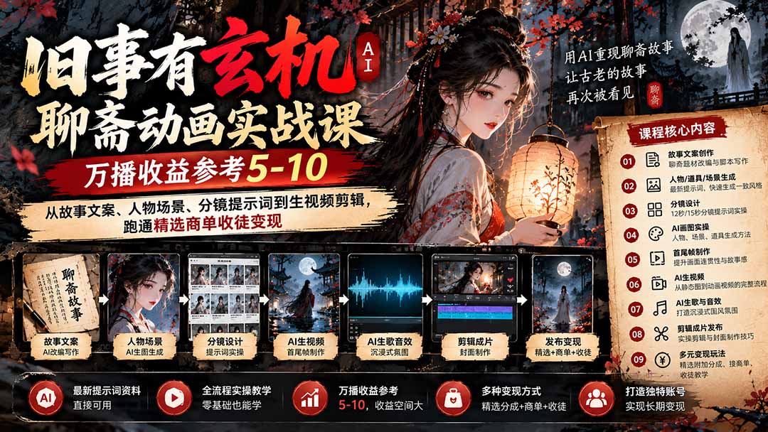 （20789期）旧事有玄机AI聊斋动画实战9月新课：万播收益参考5-10，从故事文案、人物场景到分镜生视频，跑通精选商单收徒插图1
