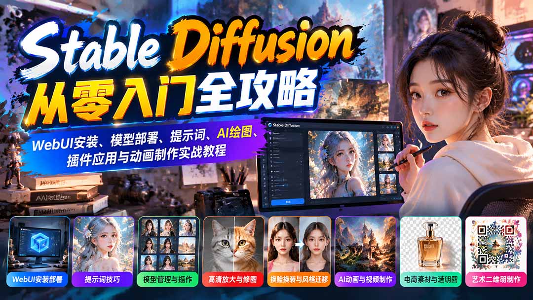 （21062期）Stable Diffusion从零入门全攻略：WebUI安装、模型部署、提示词、AI绘图、插件应用与动画制作实战教程-副业部