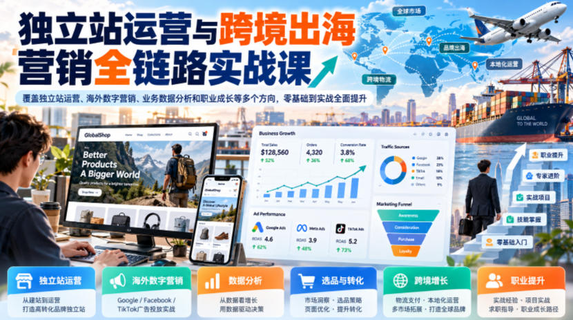 独立站运营与跨境出海营销全链路实战课,覆盖独立站运营、海外数字营销、业务数据分析和职业成长等多个方向,零基础到实战全面提升插图 独立站运营与跨境出海营销全链路实战课,覆盖独立站运营、海外数字营销、业务数据分析和职业成长等多个方向,零基础到实战全面提升插图