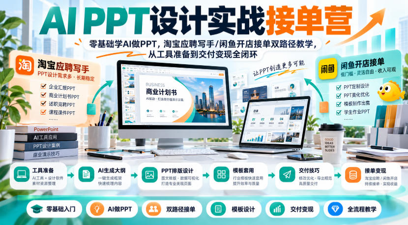 AI PPT设计实战接单营｜零基础学AI做PPT，淘宝应聘写手/闲鱼开店接单双路径教学，从工具准备到交付变现全闭环-副业部
