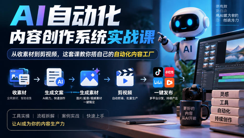 AI自动化内容创作系统实战课，从收素材到剪视频，这套课教你搭自己的自动化内容工厂-副业部