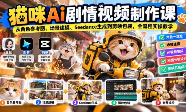 （20793期）猫咪AI剧情视频制作课：从角色参考图、场景建模、Seedance生成到剪映包装，全流程实操教学