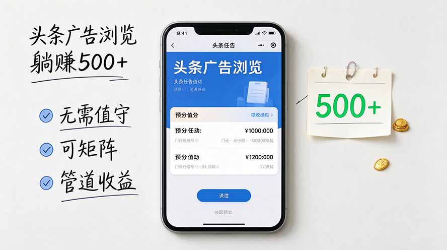 （20835期）头条广告浏览躺赚500+无需值守，可矩阵并附有管道收益-副业部