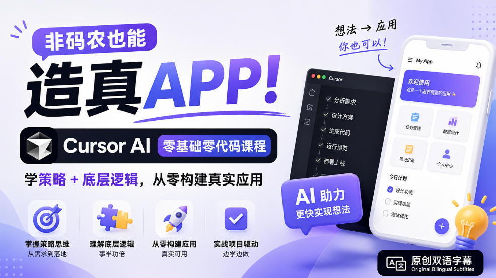 非码农也能造真APP！Cursor AI零基础零代码课程：学策略+底层逻辑，从零构建真实应用【原创双语字幕】插图