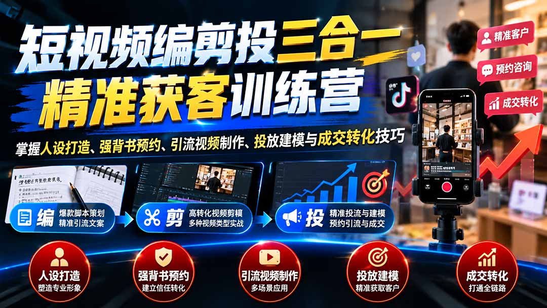 (20910期)短视频编剪投三合一精准获客训练营:掌握人设打造、强背书预约、引流视频制作、投放建模与成交转化技巧插图 (20910期)短视频编剪投三合一精准获客训练营:掌握人设打造、强背书预约、引流视频制作、投放建模与成交转化技巧插图