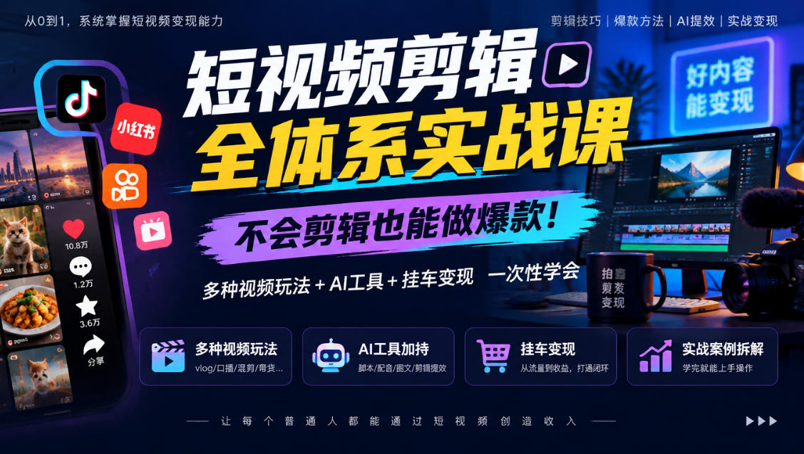 短视频剪辑全体系实战课，不会剪辑也能做爆款，多种视频玩法+AI工具+挂车变现一次性学-副业部
